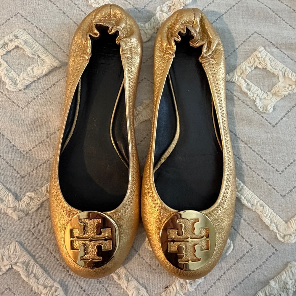 Tory Burch Metallic Gold Logo Ballet Flats